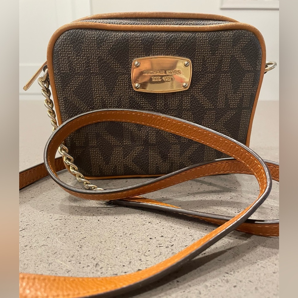 Michael Kors Dark Brown and Tan Crossbody Bag